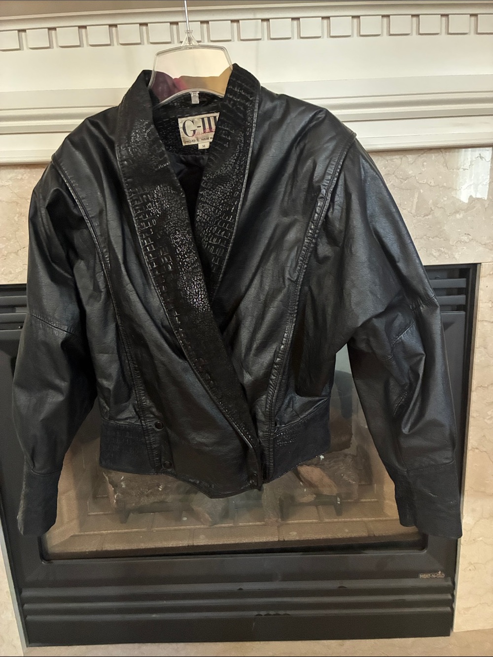 Classic 80s Black Leather Jacket with Animal Print Embossing Size Medium
